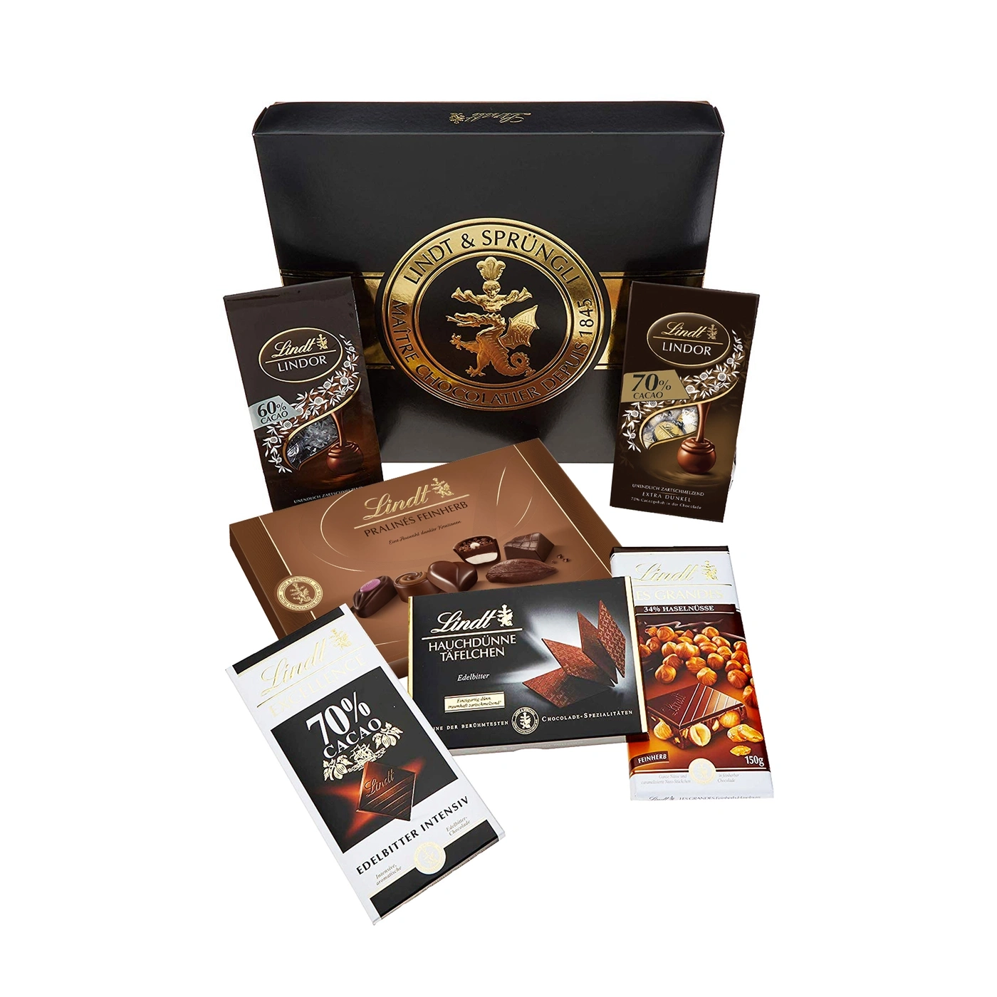 Lindt & Sprüngli Schokoladen-Geschenkbox mit verschiedenen Pralinen und Tafeln.