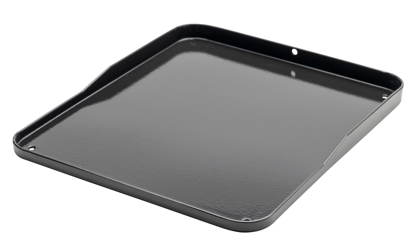 Schwarze Metallschale mit abgerundeten Ecken und Befestigungslöchern