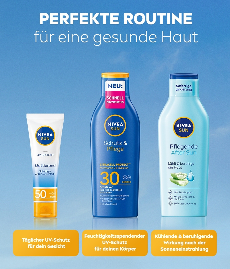 Nivea Sonnencreme-Routine: Gesicht, Körper, After Sun. Sonnenschutz, Feuchtigkeit, Kühlung.