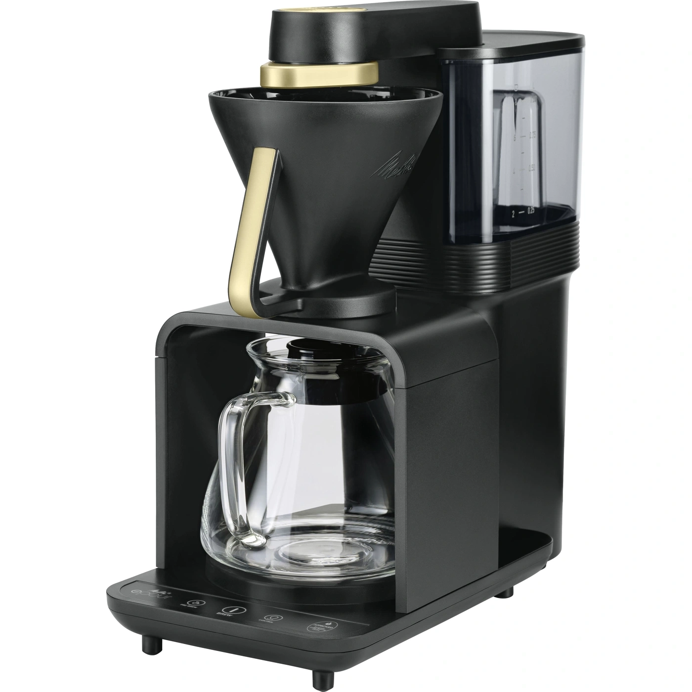 Schwarze Kaffeemaschine mit goldenen Akzenten und Glaskanne, isoliert auf weißem Hintergrund.