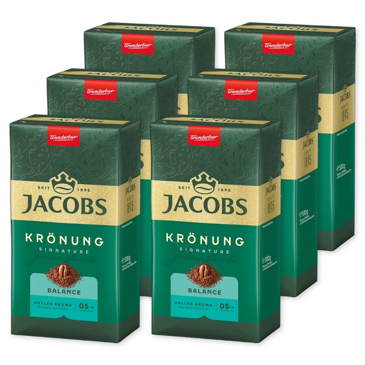 Sechs Packungen Jacobs Krönung Balance Kaffee in Grün.
