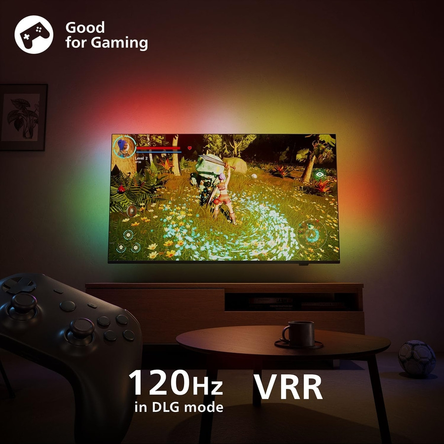 Fernseher mit Spiel, Controller, 120Hz VRR, DLG-Modus, gut für Gaming.