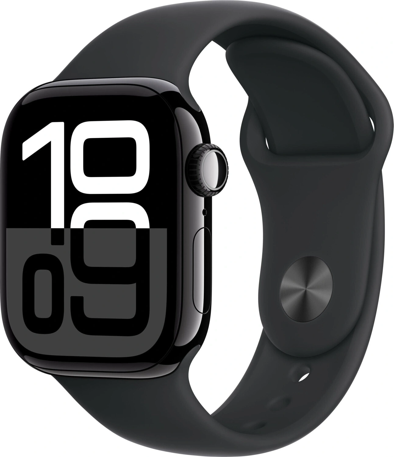 Eine schwarze Smartwatch mit einem dunklen Zifferblatt, das die Zeit anzeigt.