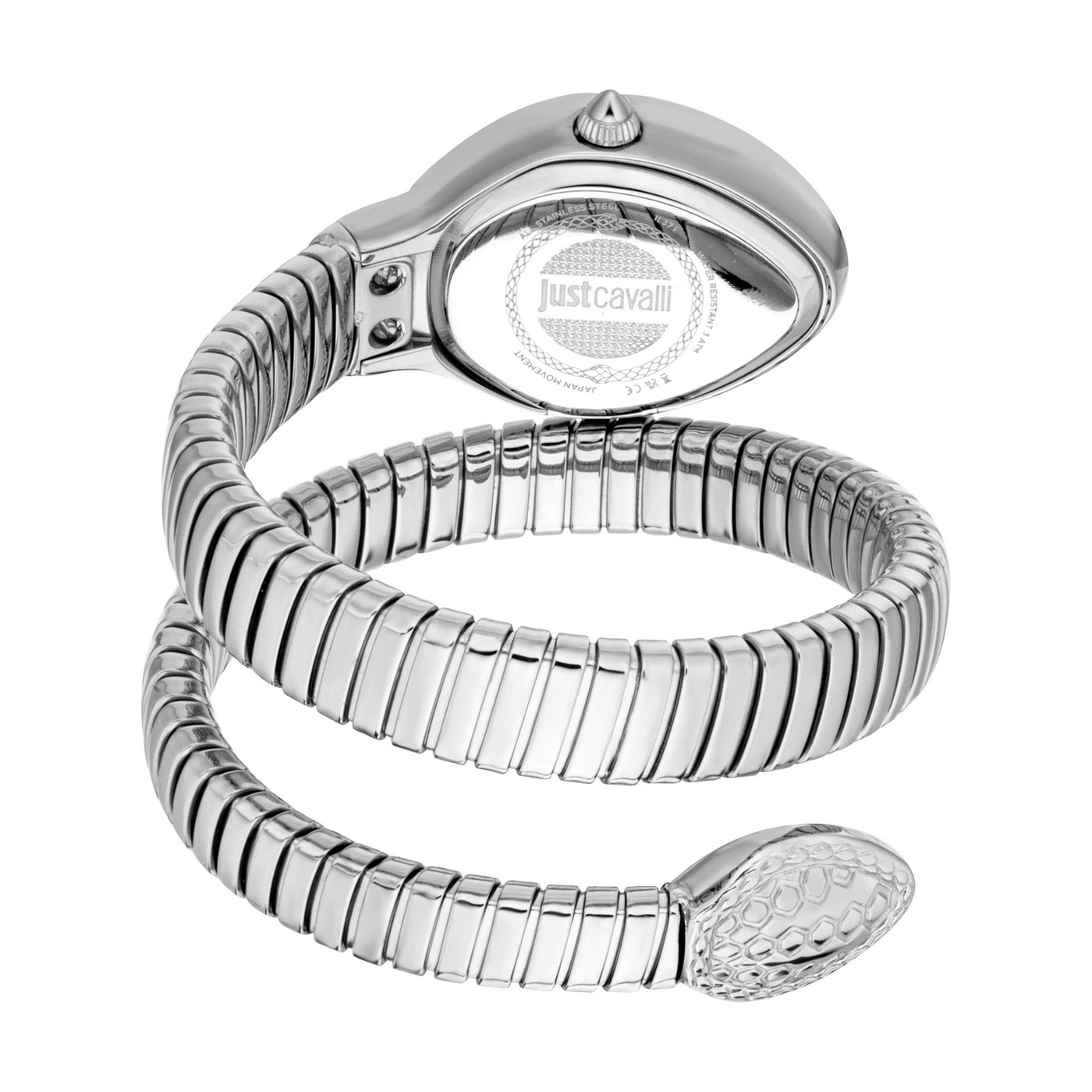 Silberne Schlangenarmbanduhr mit Just Cavalli Logo