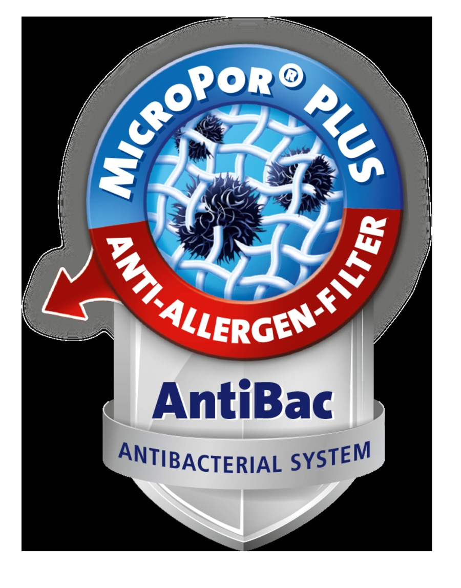 MikroPor Plus Anti-Allergen-Filter, AntiBac, antibakterielles System, Logo, blau, rot, weiß