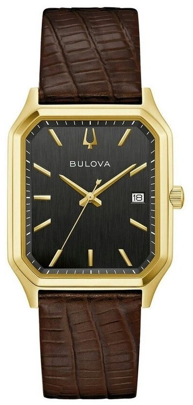 Goldsfarbene Herrenuhr von Bulova mit schwarzem Zifferblatt und braunem Lederarmband.