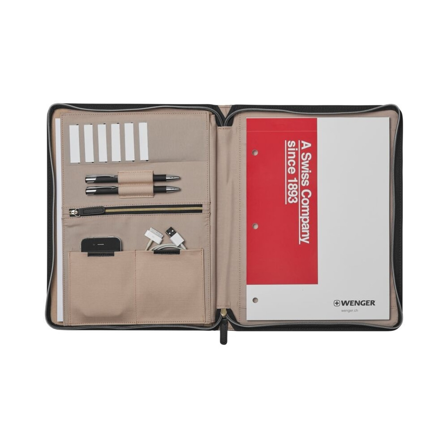 Schwarze Aktenmappe mit Stiften, Handy, Kabeln und Papier, Wenger-Logo