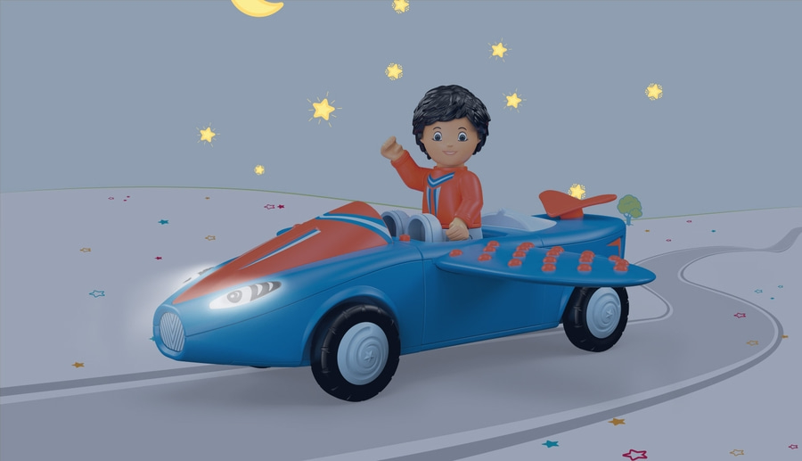 Kind im Flugzeugauto winkt in der Nacht mit Sternen und Mond.