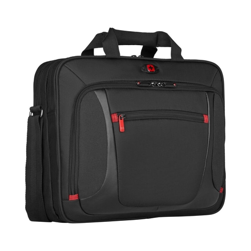 Schwarze Laptoptasche mit rotem Reißverschluss und Griff, Umhängetasche