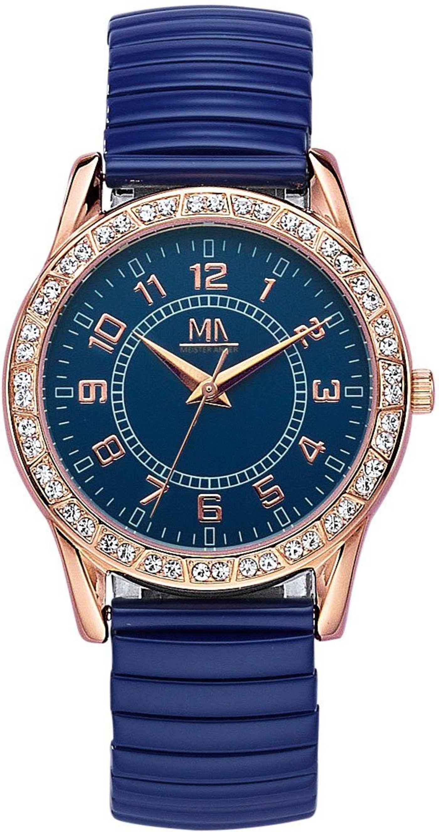 Uhr mit blauem Zifferblatt, goldenem Gehäuse und blauem Armband mit Diamanten
