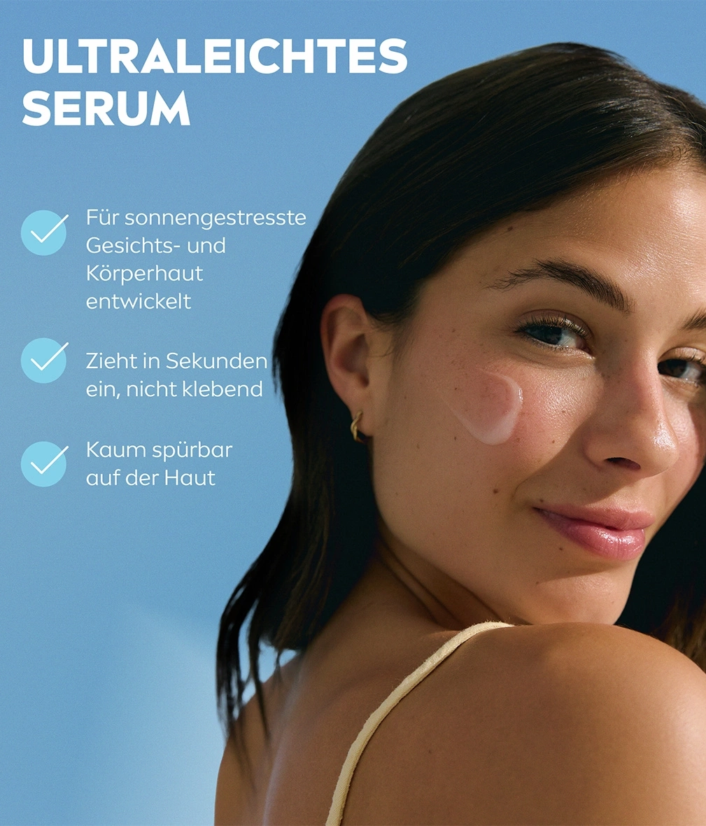 Ultraleichtes Serum für sonnengestresste Haut, zieht schnell ein und ist kaum spürbar.
