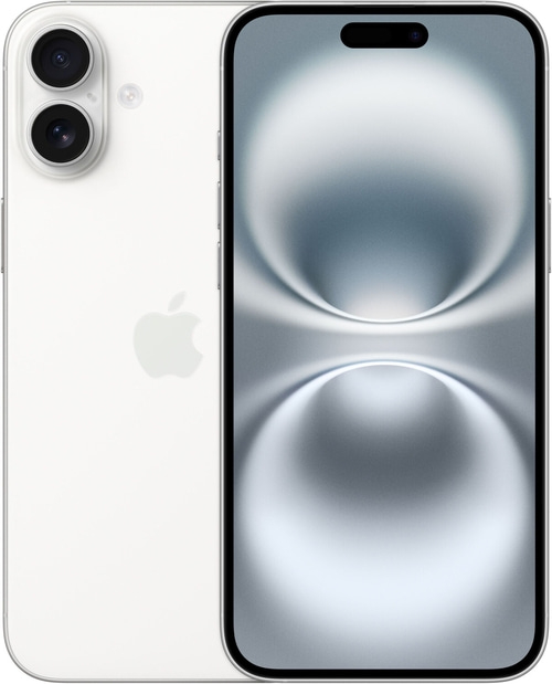 Weißes iPhone mit zwei Kameras und einem Bildschirm mit einem abstrakten Hintergrund
