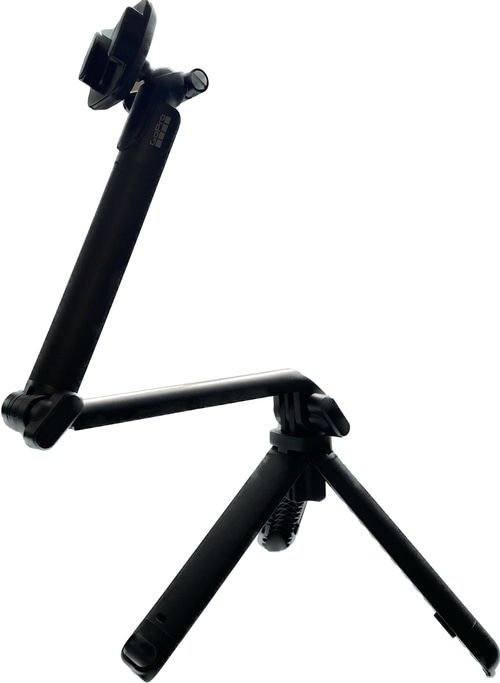 Schwarzes GoPro-Stativ mit ausziehbaren Armen und Halterung für die Kamera.