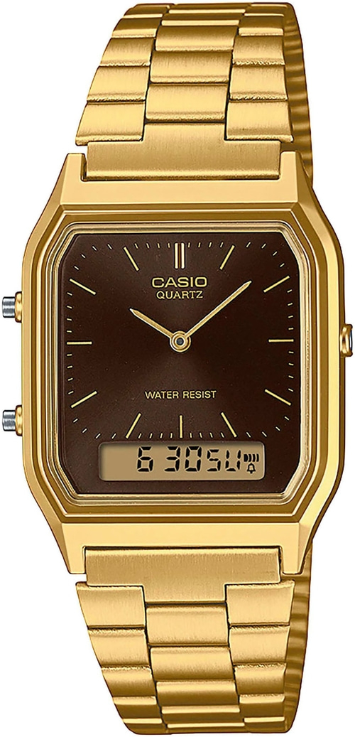 Goldene Casio-Uhr mit braunem Zifferblatt und digitaler Anzeige