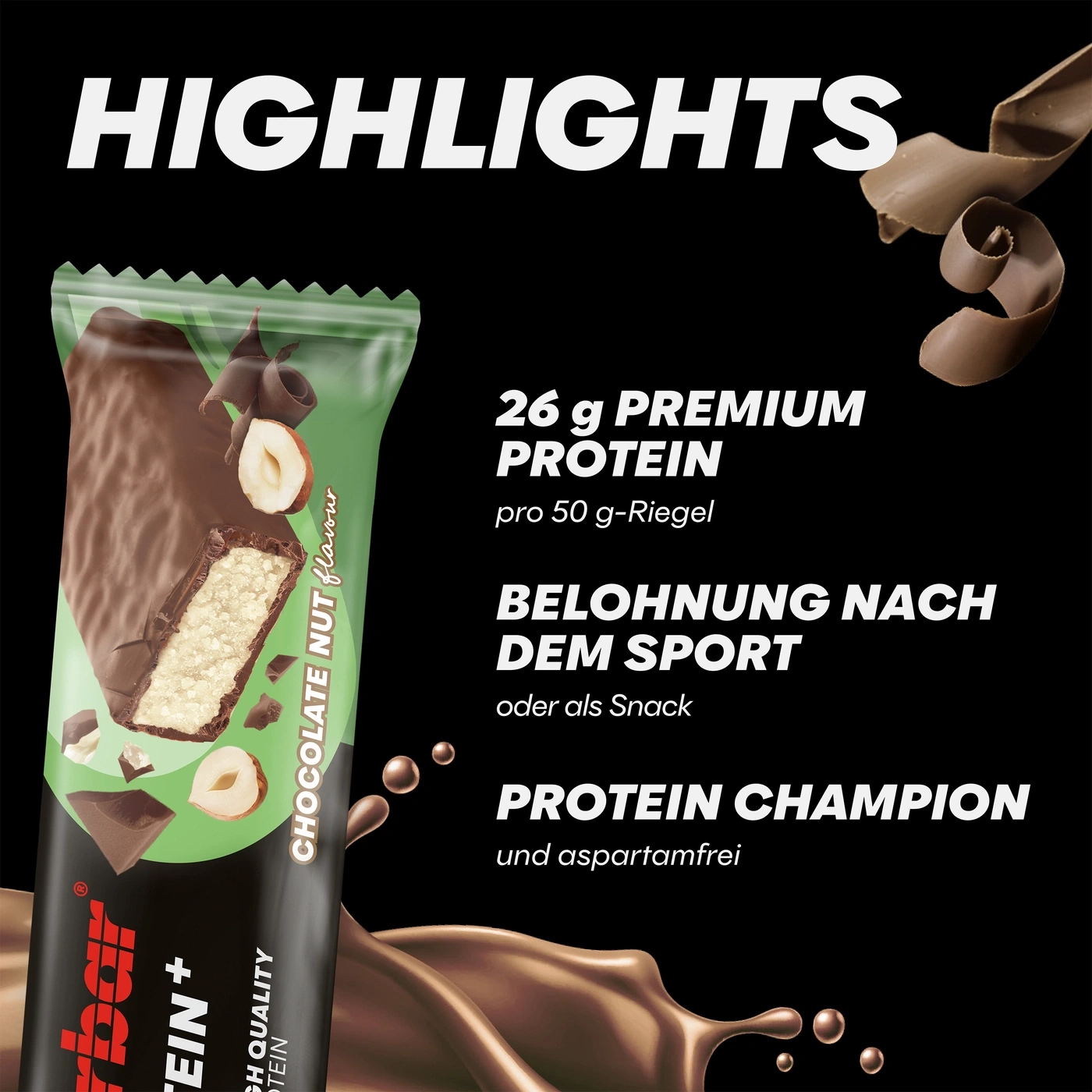 Schokoriegel mit 26g Premium Protein, Belohnung nach dem Sport.