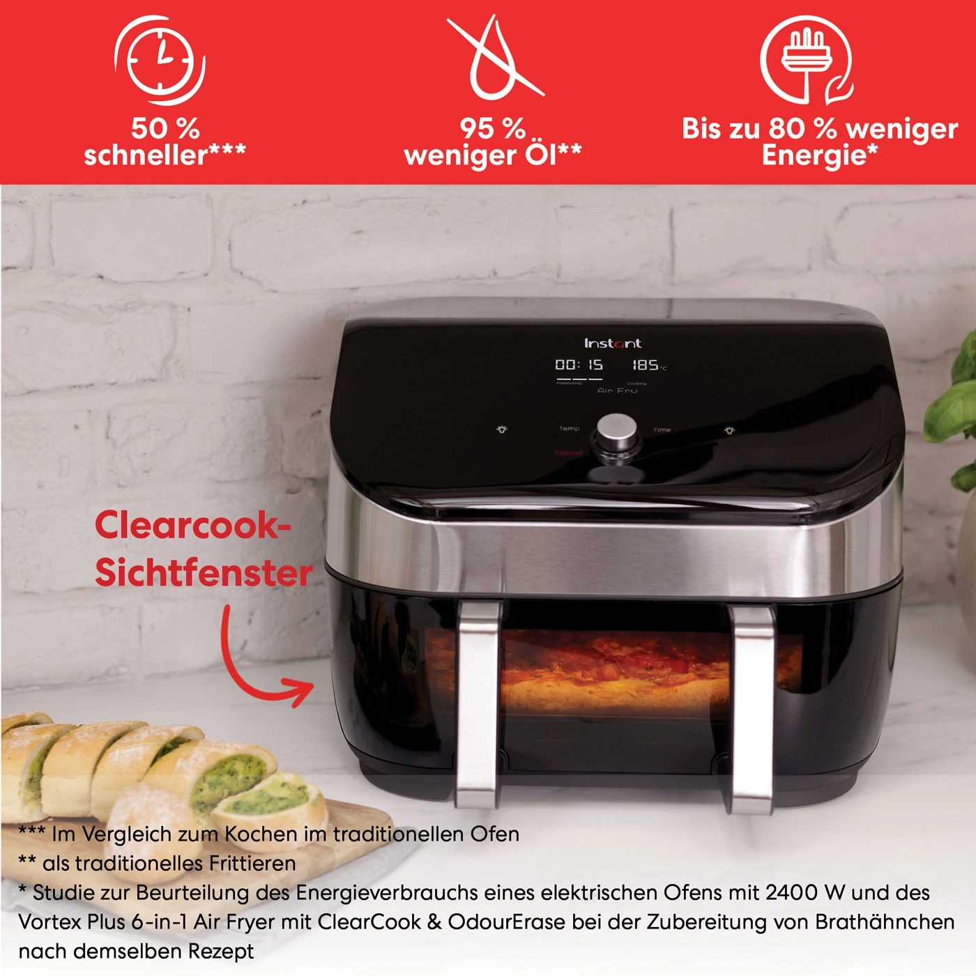 Instant Vortex Plus Air Fryer mit ClearCook-Sichtfenster und Energieeffizienz.