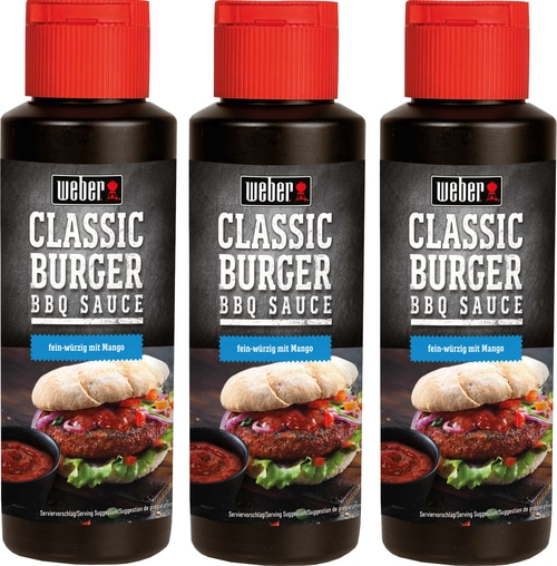 Drei Weber Classic Burger BBQ Sauce Flaschen mit Mango-Geschmack