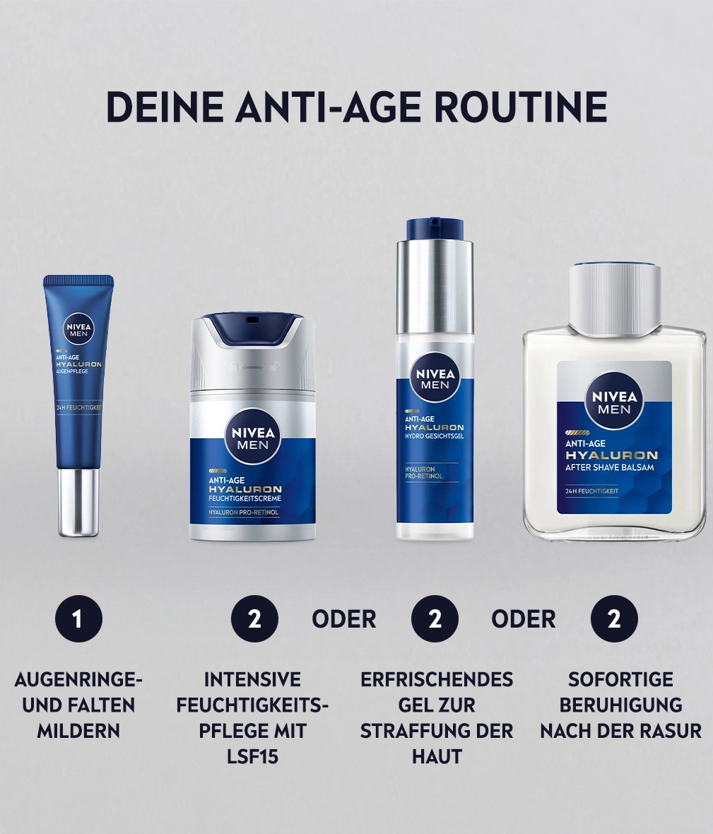 Nivea Men Anti-Age Routine: Augenpflege, Feuchtigkeitspflege, Hydro Gesichtsgel, After Shave Balsam.