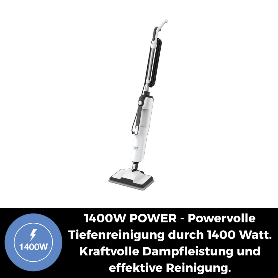 Ein weißer Dampfreiniger mit 1400W Leistung für Tiefenreinigung.