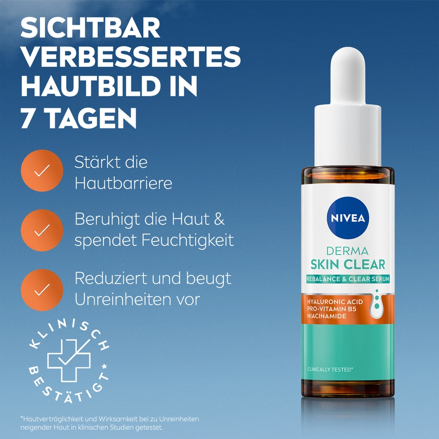 NIVEA Derma Skin Clear Serum, verbessert Hautbild in 7 Tagen.
