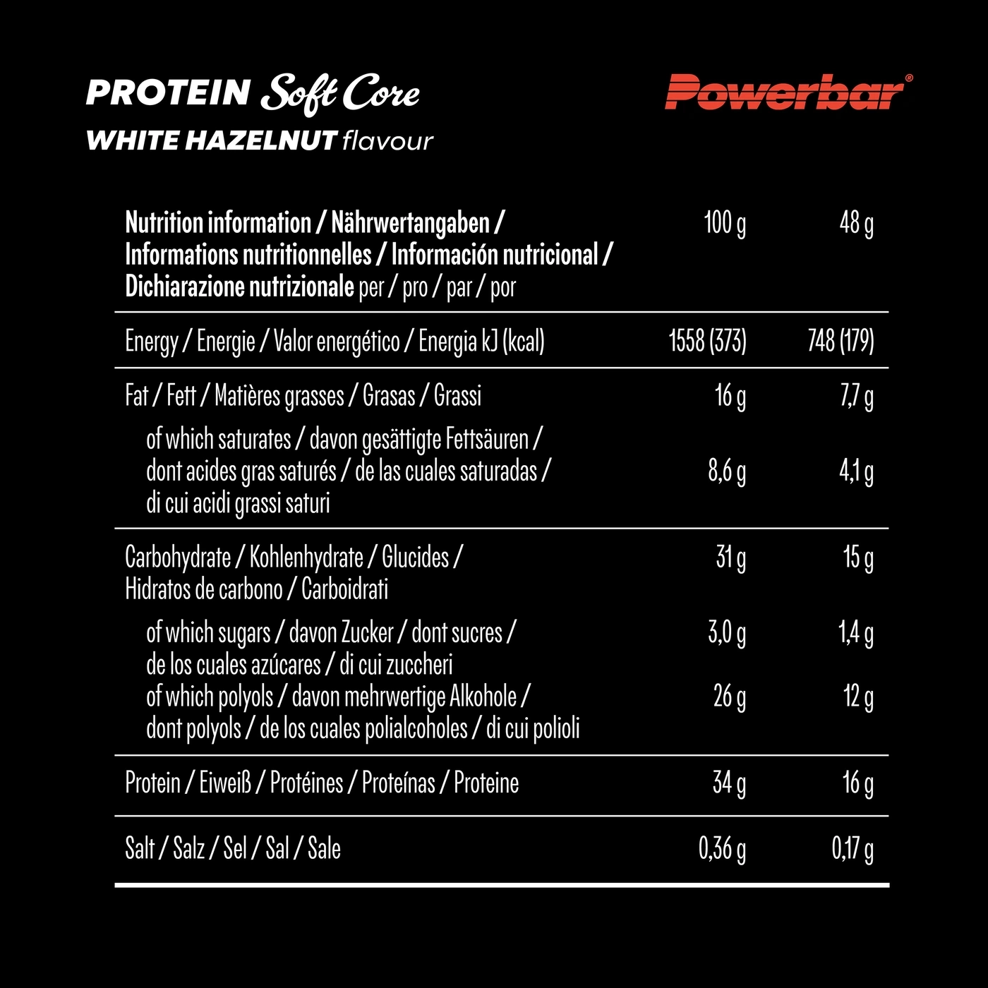 Nährwertangaben für Proteinriegel von Powerbar in White Hazelnut Geschmack