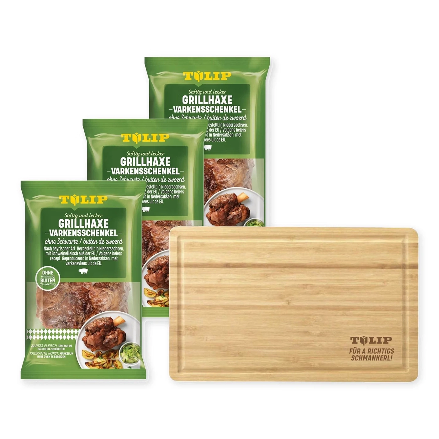TULIP Grillhaxe ohne Schwarte 3x 500g - für Backofen oder Grill + Schneidbrett