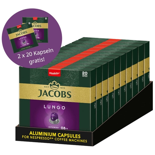 JACOBS Kapseln Lungo 8 Intenso 10x 20 = 200 Nespresso®* kompatibel +2x 20 gratis