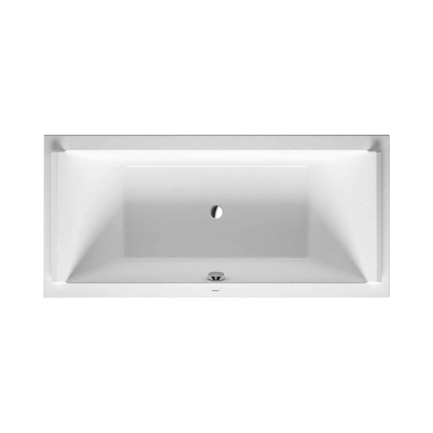 Weißes Waschbecken mit rechteckiger Form und Abflussloch, von oben gesehen.