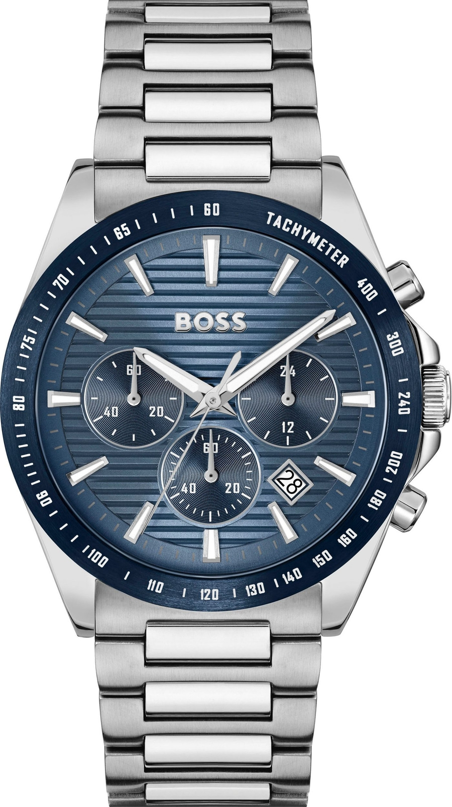 Eine silberne Hugo Boss Uhr mit blauem Zifferblatt und Chronographen.