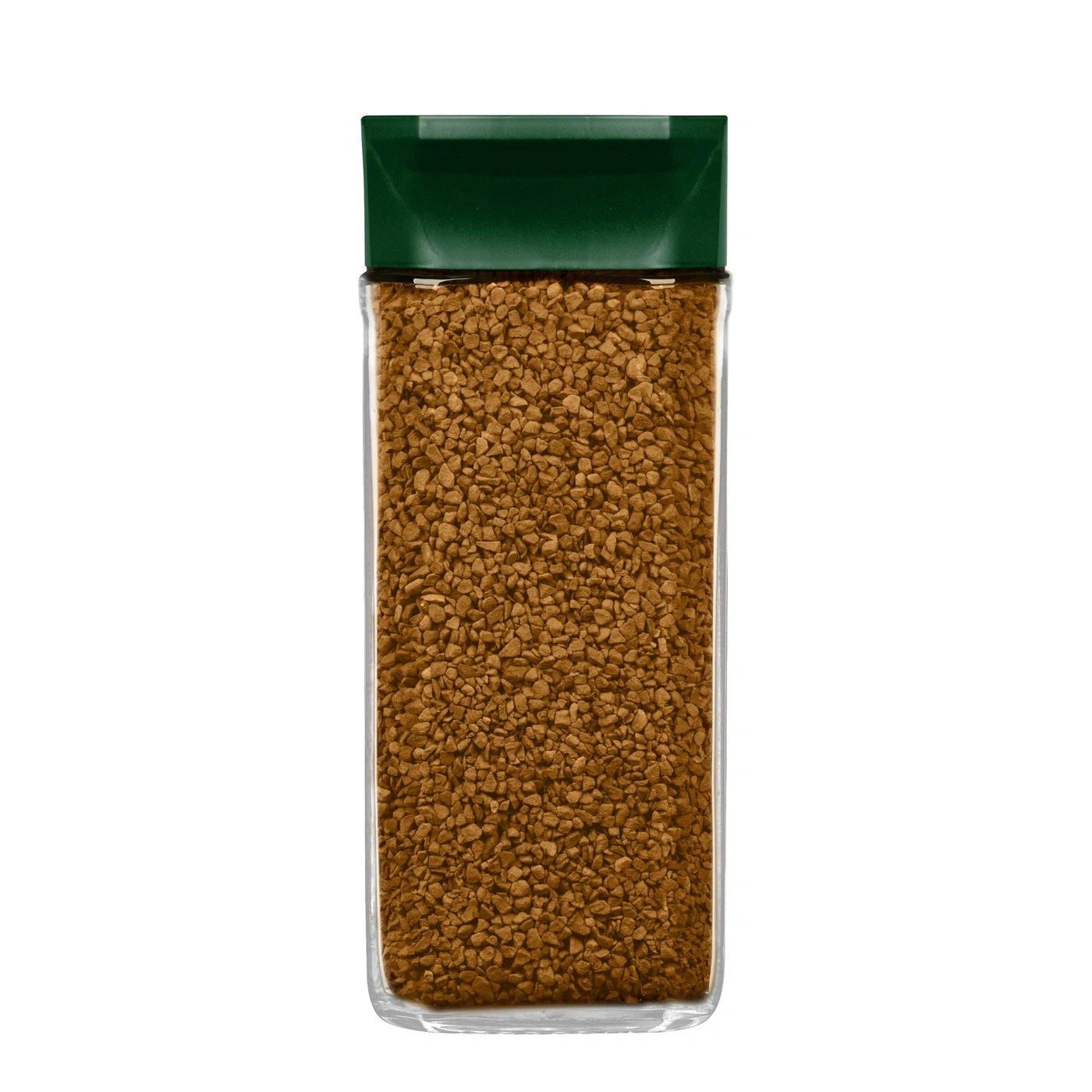 Glas mit Instantkaffee, braune Kaffeebohnen, grüner Deckel, isoliert auf weißem Hintergrund