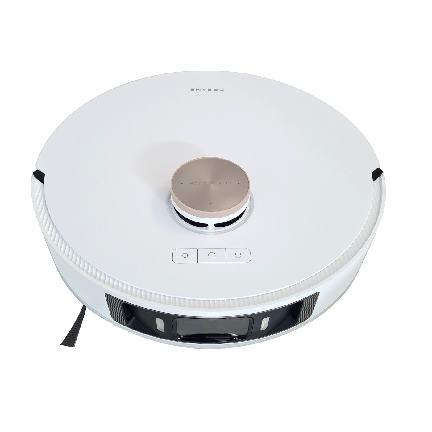 Weißer Roboter-Staubsauger mit LIDAR-Navigation und Dreame-Logo, isoliert auf weißem Hintergrund.