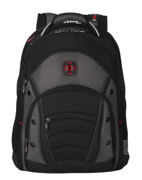 Schwarzer Rucksack mit grauem Muster und rotem Logo, Wenger-Marke.