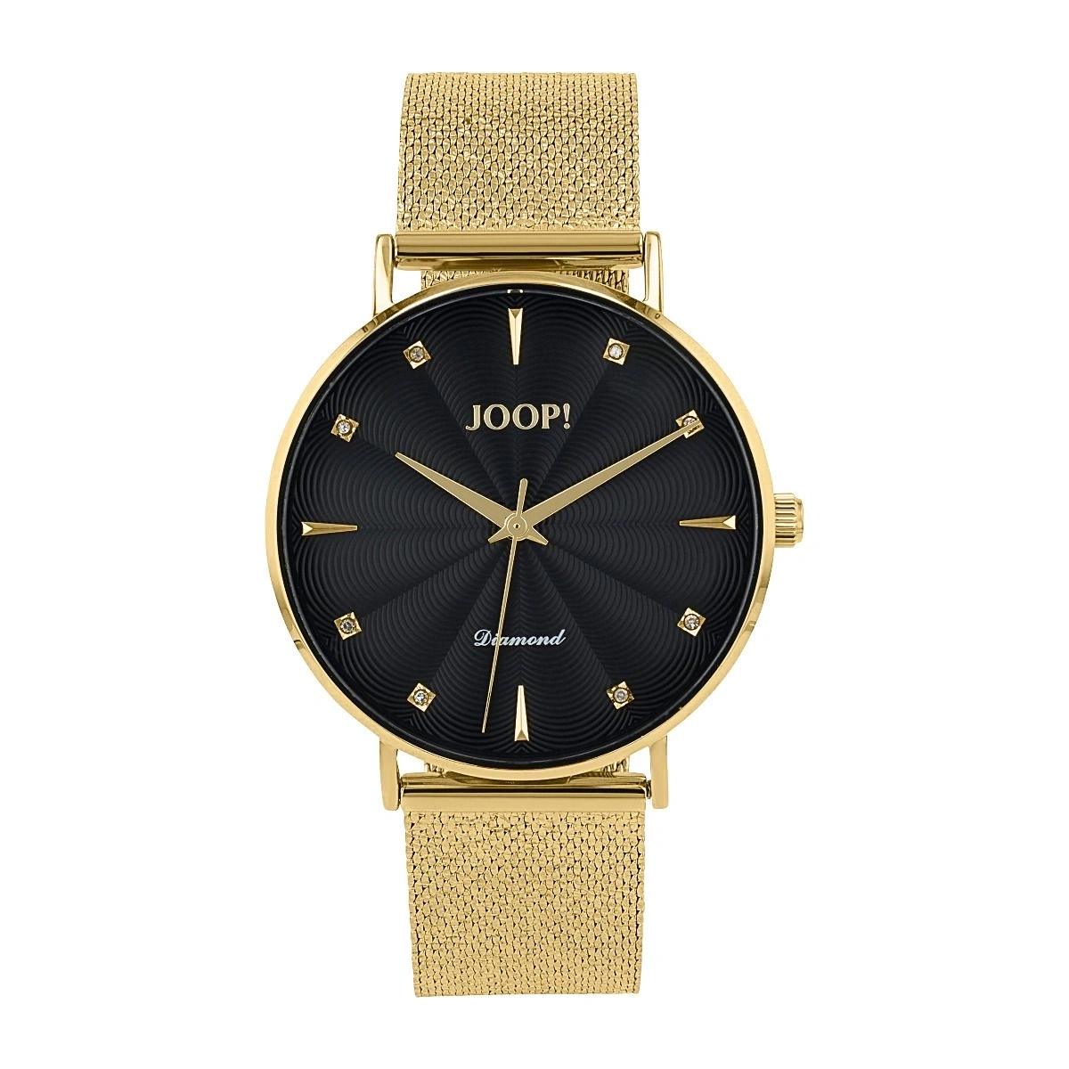 Schwarzes Zifferblatt mit goldfarbenem Metallarmband und
Diamanten.