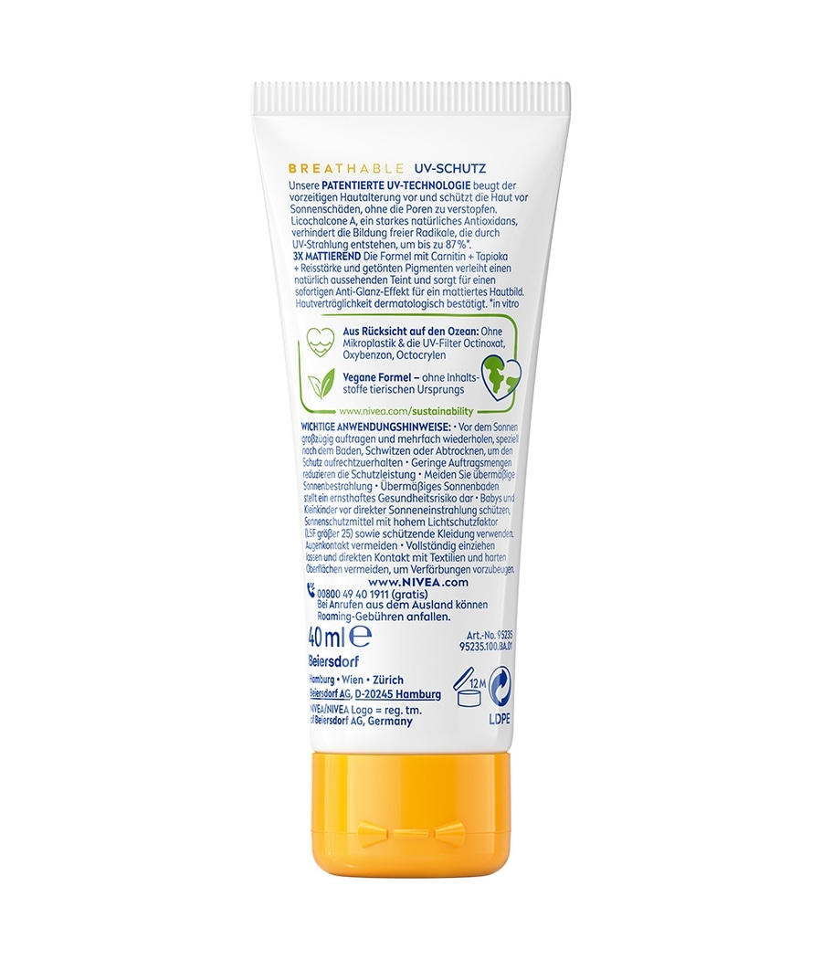Tube Nivea Sonnencreme LSF 50 mit UV-Schutz und veganer Formel, 40 ml