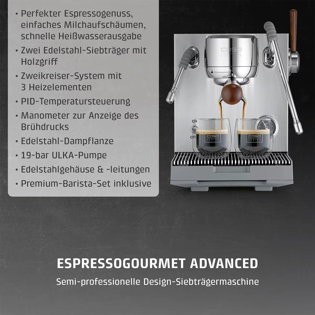 Siebträgermaschine mit zwei Glasbechern, die Espresso ausgießen