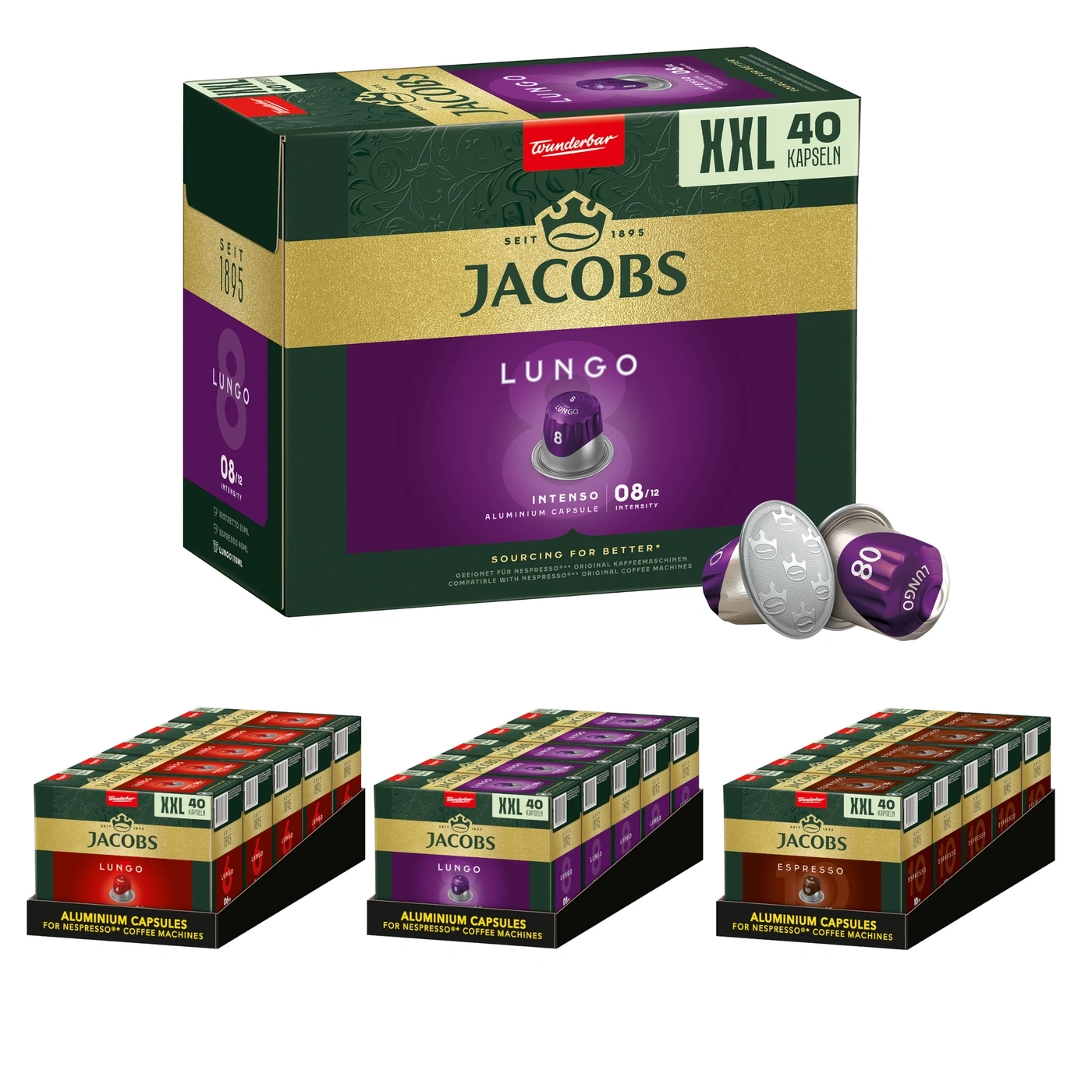 Jacobs Lungo Kaffeekapseln, 40 Kapseln, Aluminium, für Nespresso Maschinen
