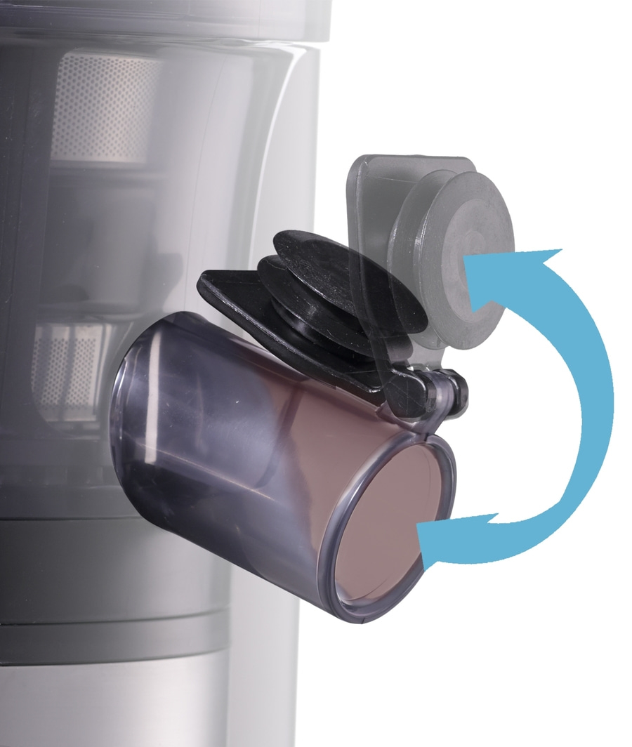 Nahaufnahme eines Entsafters mit drehbarem Ausguss und Pfeil, der die Richtung anzeigt.