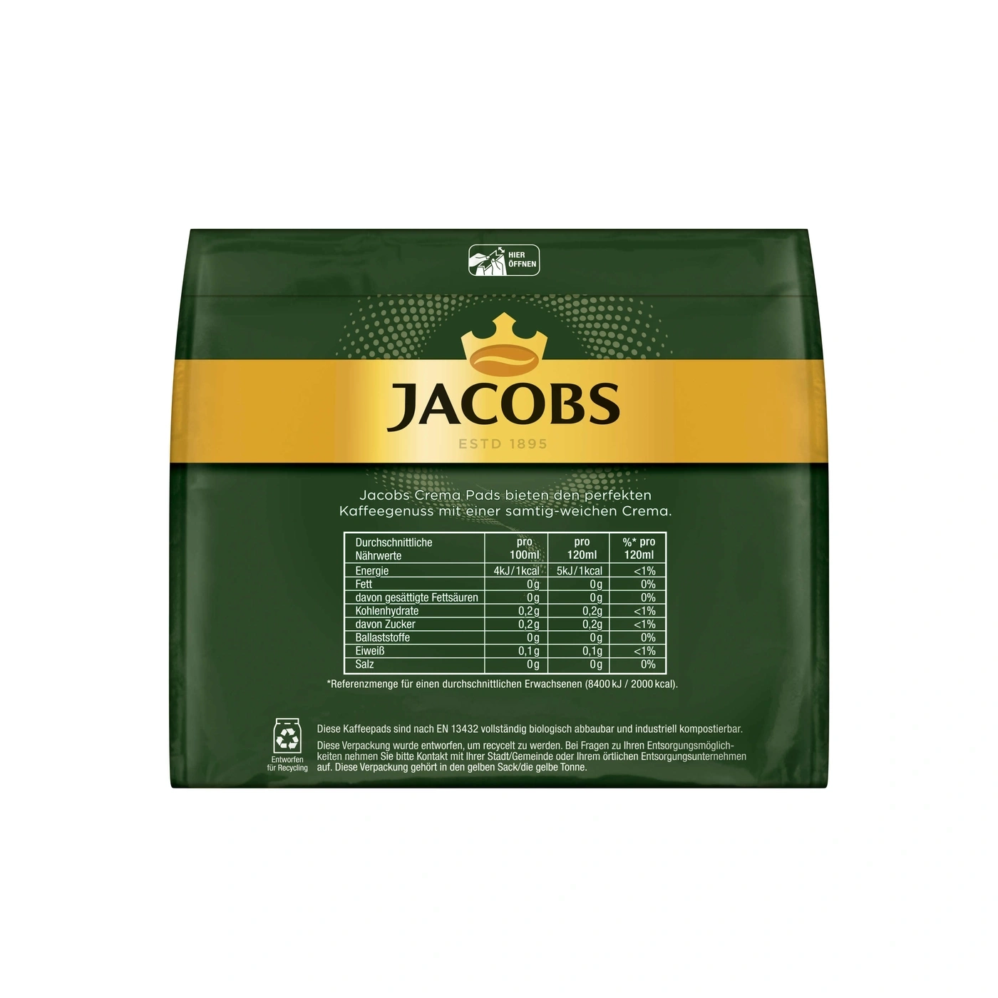 Jacobs Kaffeepads Packung mit Nährwertangaben und Recycling-Hinweis, biologisch abbaubar.