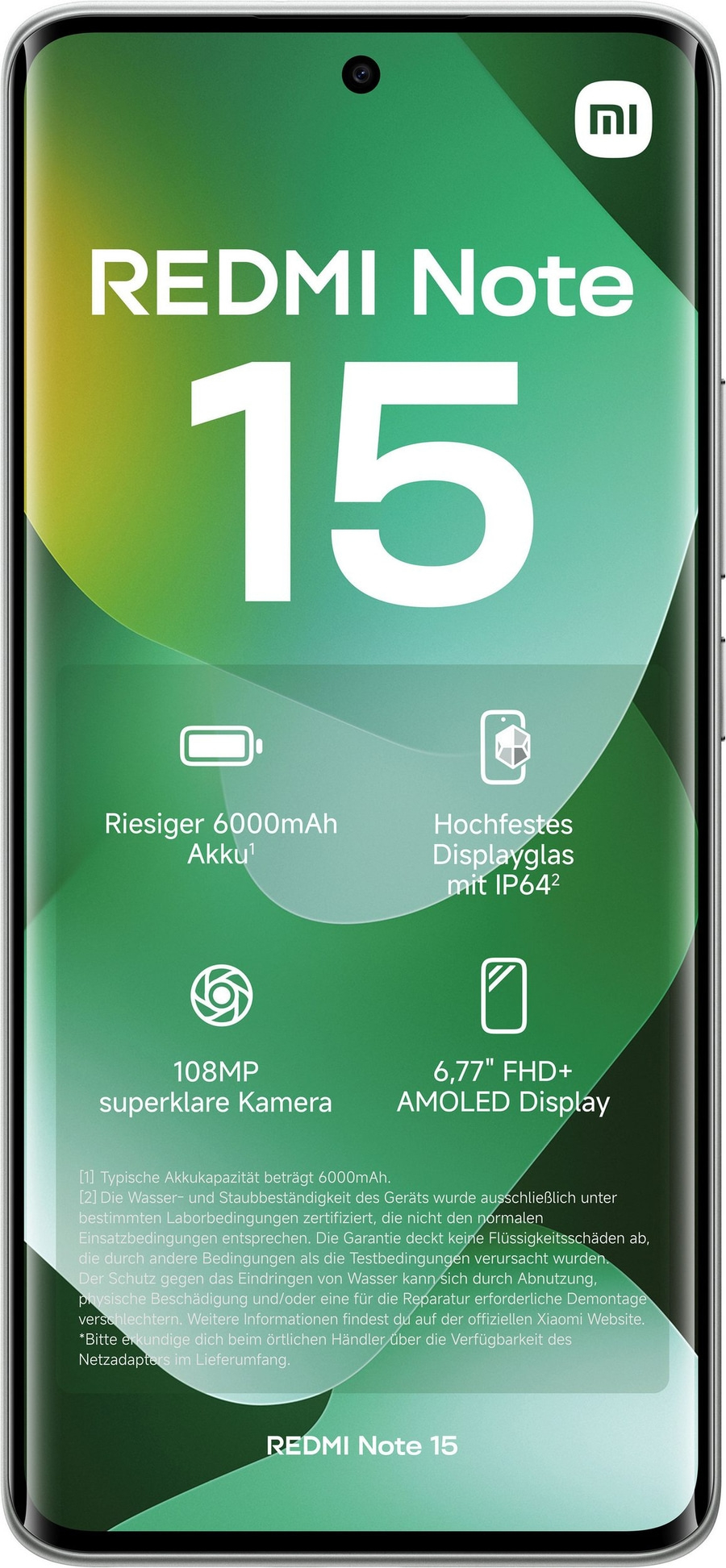 Ein Smartphone mit großem Akku, Hauptkamera und Display.