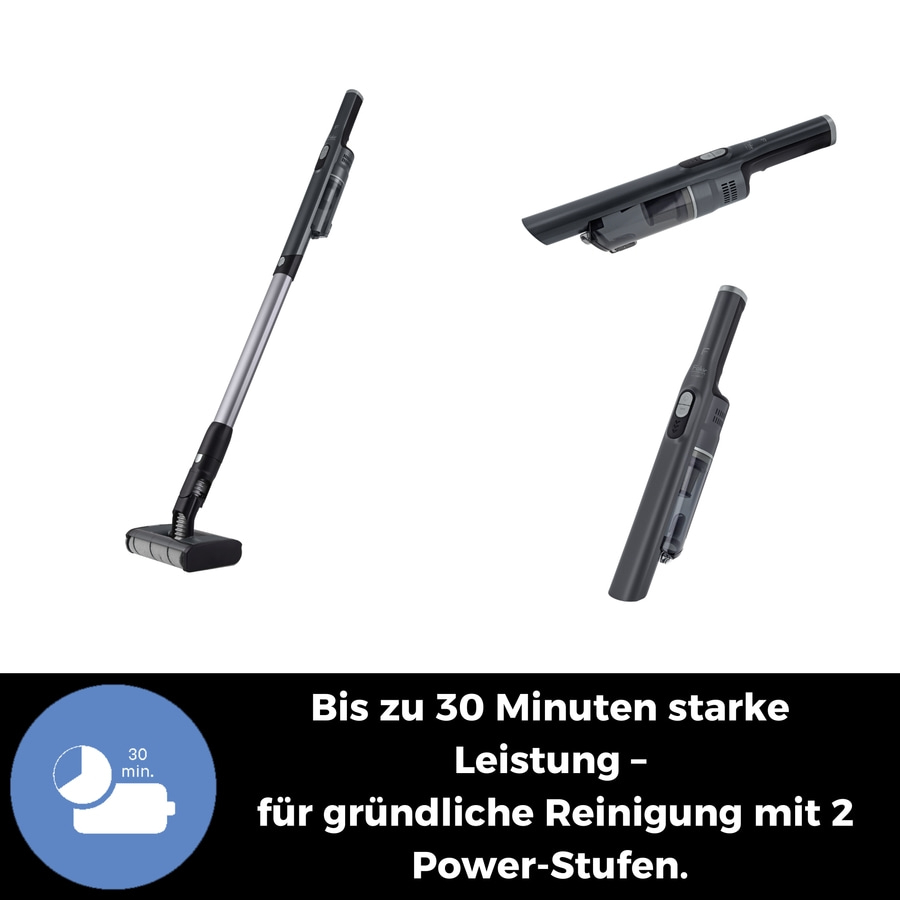 Kabelloser Staubsauger mit 30 Minuten Laufzeit und zwei Leistungsstufen.
