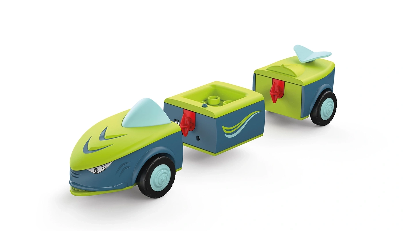 Ein Spielzeugauto mit Anhänger in Blau und Grün.