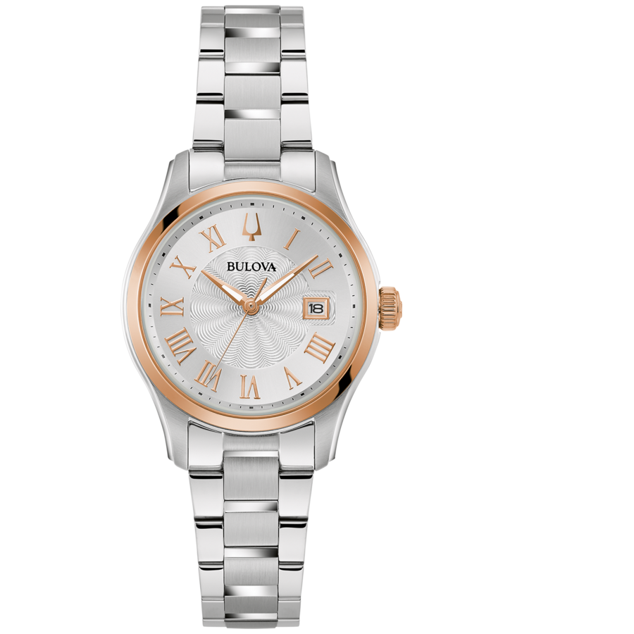 Bulova Damenuhr, silbernes Gehäuse, roségoldfarbene Akzente, silbernes Zifferblatt, Datumsanzeige, Armband