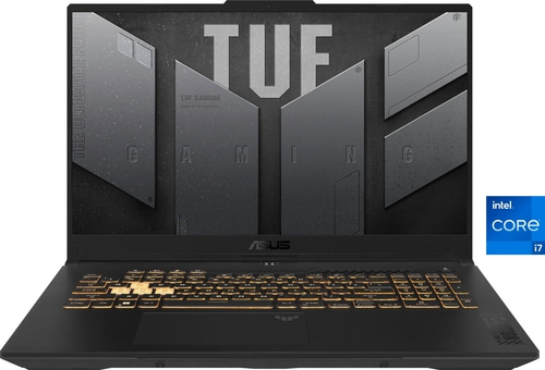 Schwarzer Laptop mit beleuchteter Tastatur und Intel Core i7-Logo. TUF Gaming.