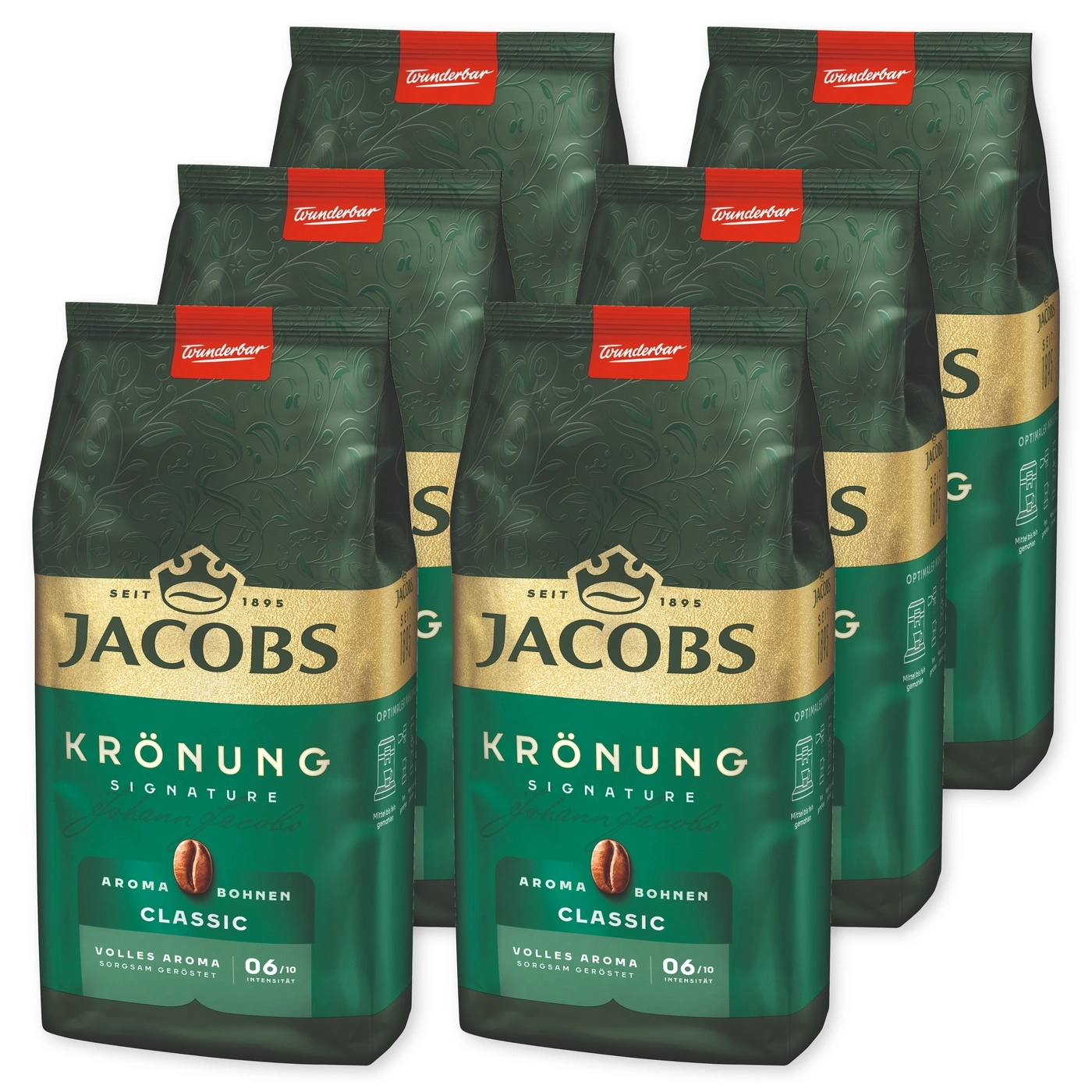 Sechs Packungen Jacobs Krönung Kaffee auf weißem Hintergrund