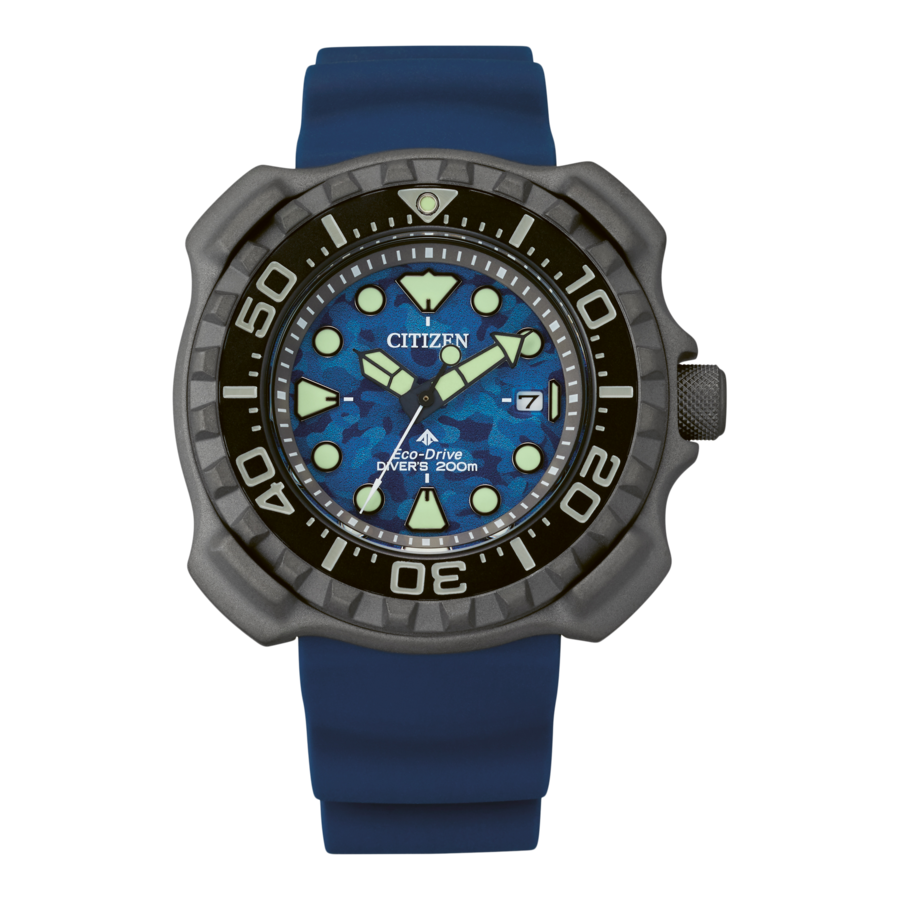Citizen Taucheruhr mit blauem Zifferblatt und Armband, Nahaufnahme
