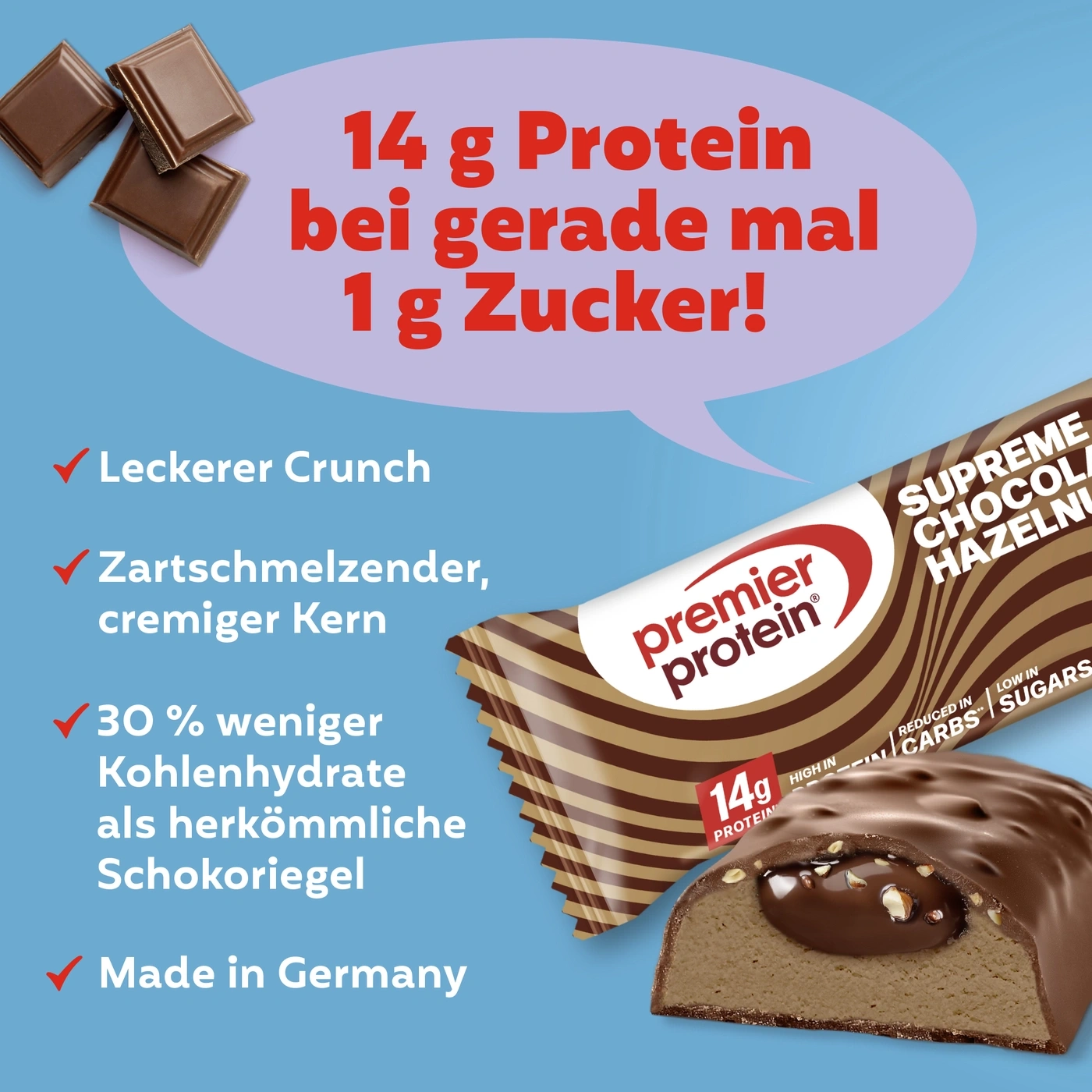Schokoriegel mit 14g Protein, leckerem Crunch und Made in Germany.