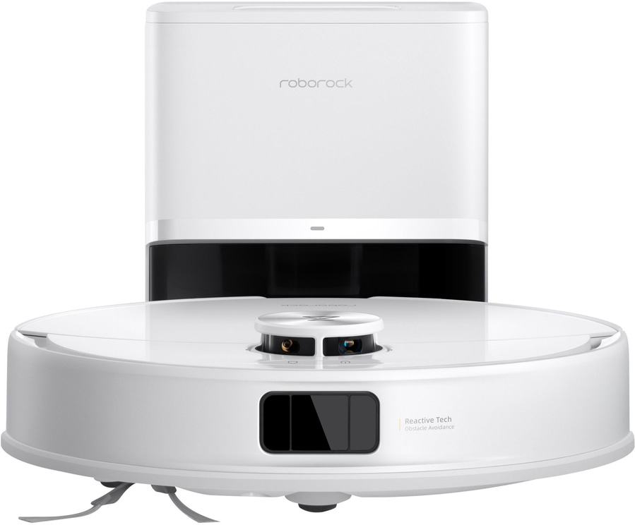 Ein weißer Saugroboter mit Ladestation und "Reactive Tech Obstacle Avoidance" Aufschrift.