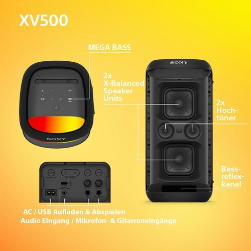 Sony XV500 Lautsprecher: Mega Bass, 2x X-Balanced Speaker Units, AC/USB Aufladen.