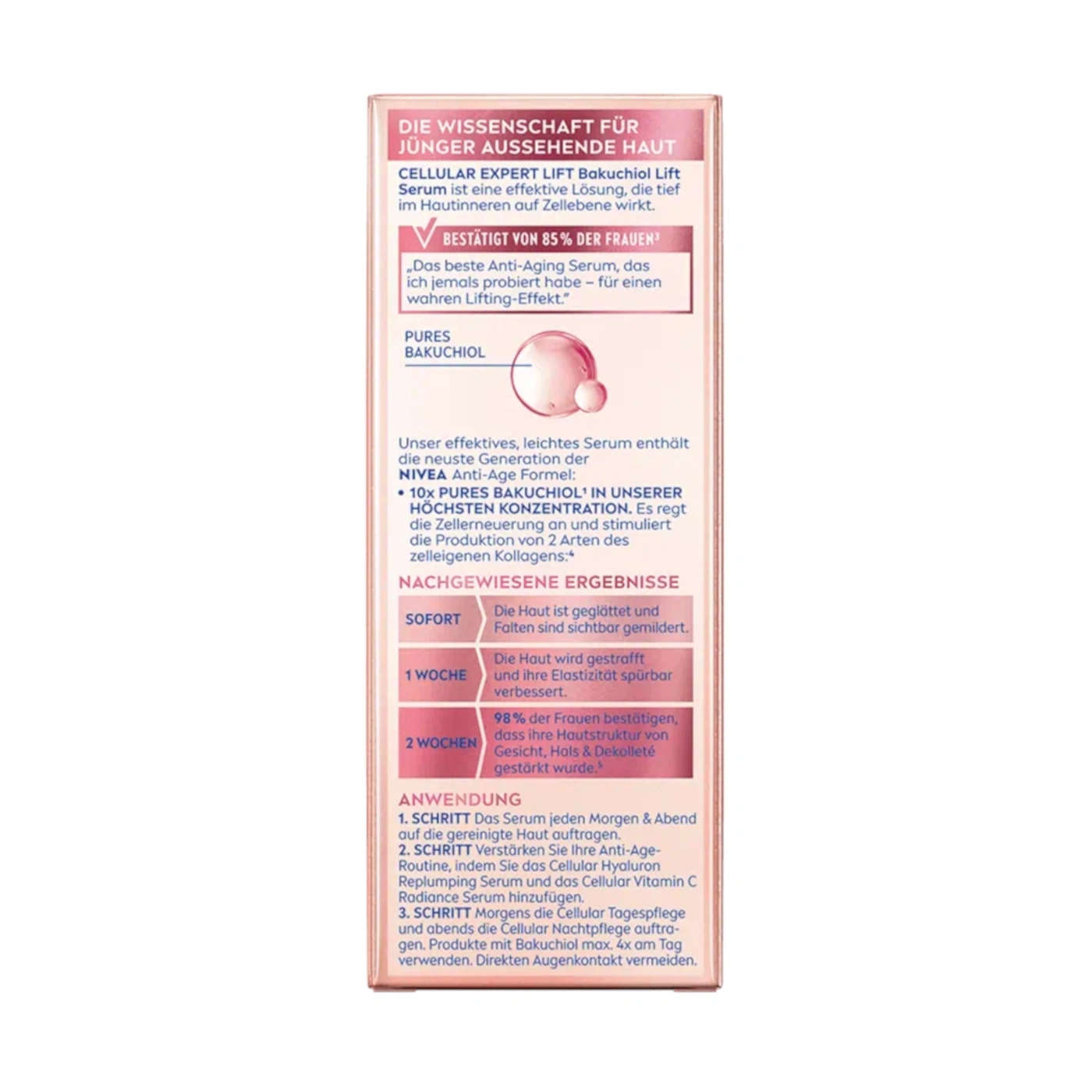 Verpackung für ein Hautserum mit Bakuchiol zur Verjüngung der Haut.