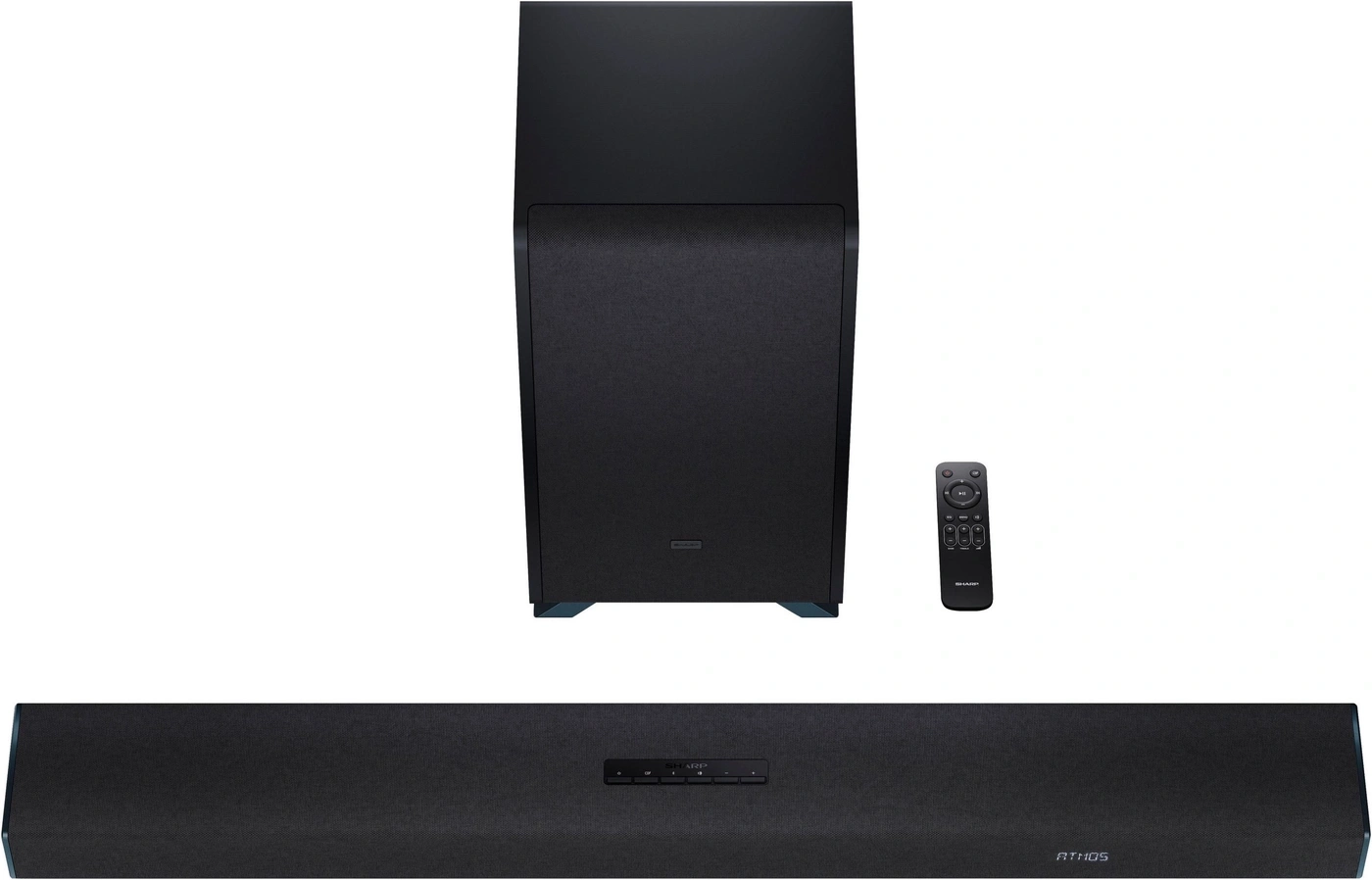 Schwarzer Subwoofer, Fernbedienung und Soundbar mit Dolby Atmos-Schriftzug